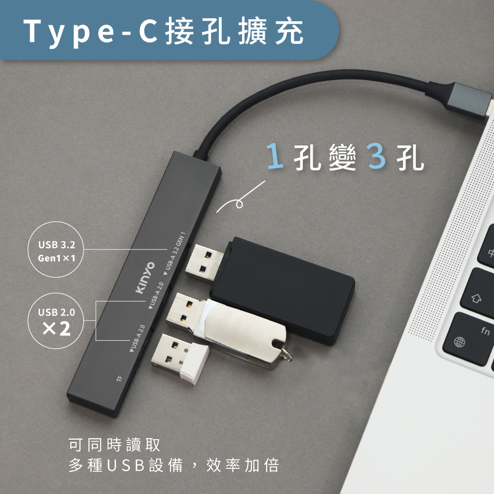 Type-C接孔擴充 3.Gen11USB 2.02USB-A 2.0USB-A 2.0 USB-A 3.2 GEN 1可同時讀取多種USB設備,效率加倍1孔變3孔fn