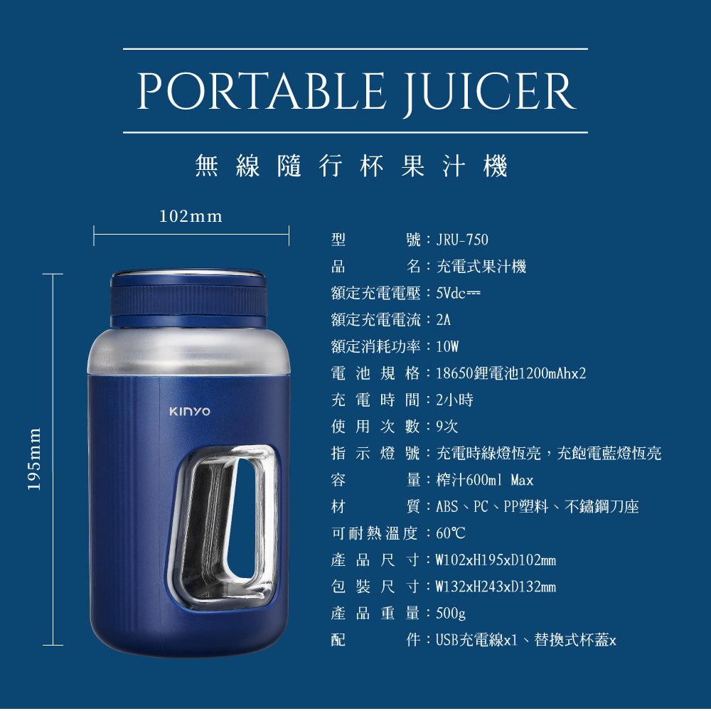 195mmPORTABLE JUICER無線隨行杯果汁機102mm型號:JRU-750品名:充電式果汁機額定充電電壓:5Vdc額定充電電流:2A額定消耗功率:10W電池規格:18650鋰電池1200mAhx2充電時間:2小時使用次數:9次指示燈號:充電時綠燈恆亮,充飽電藍燈恆亮量:榨汁600ml Max容材質:ABSPC、PP塑料、不鏽鋼刀座可耐熱溫度:60℃產品尺寸:W102xH195xD102mm包裝尺寸:W132xH243xD132mm產品重量:500gp配件:USB充電線x1、替換式杯蓋x