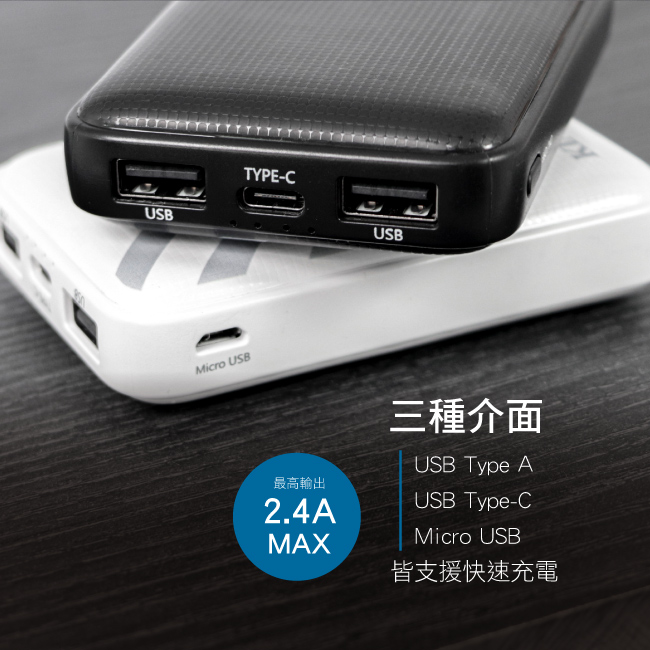 USBTYPE-CUSBMicro USB最高輸出2.4AMAX三種介面USB Type AUSB Type-CMicro USB皆支援快速充電